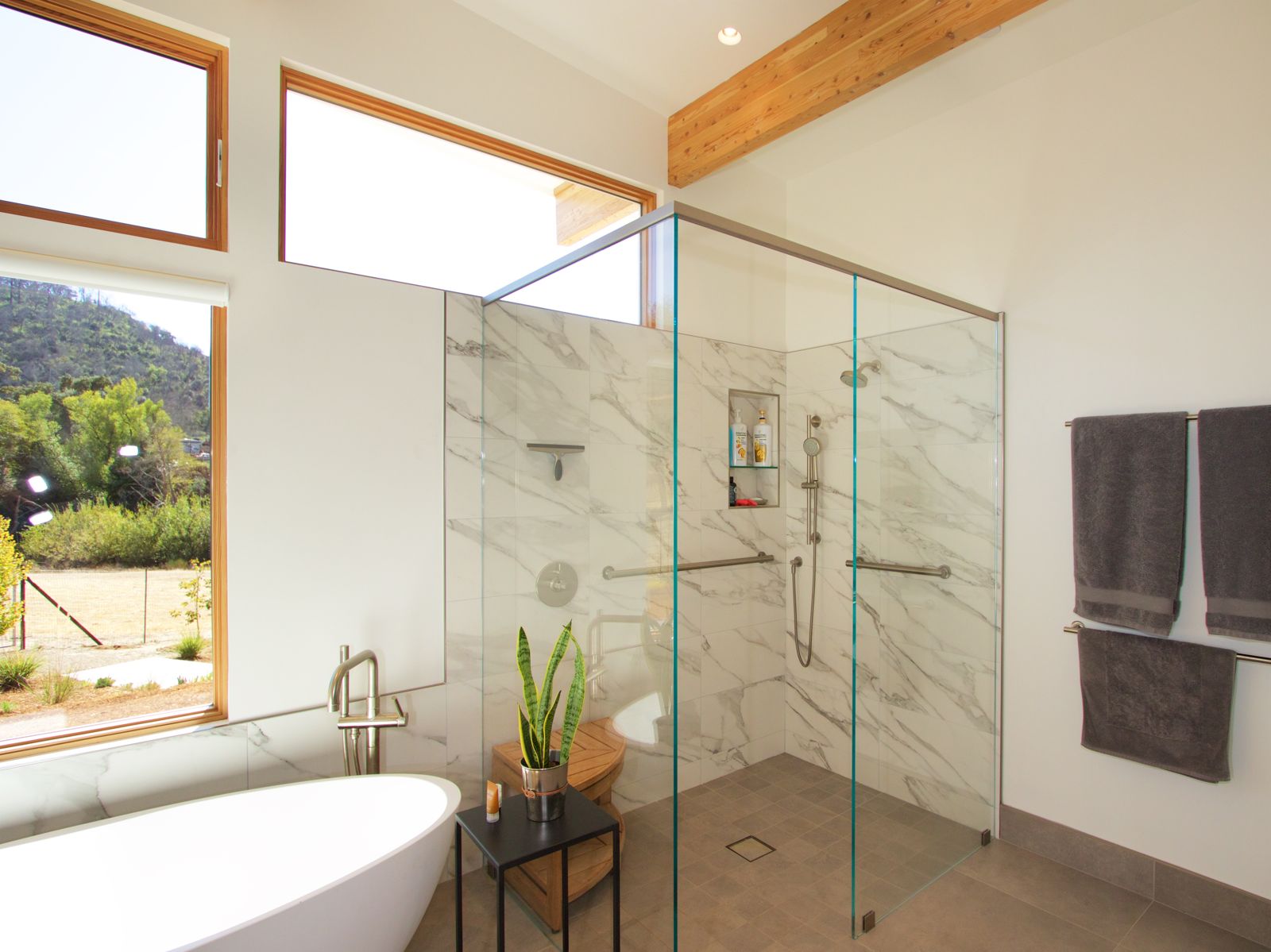 Primary bath — curbless glass shower and soaking tub