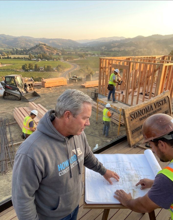 Philip Howard reviewing blueprints with crew at Sonoma Vista construction site