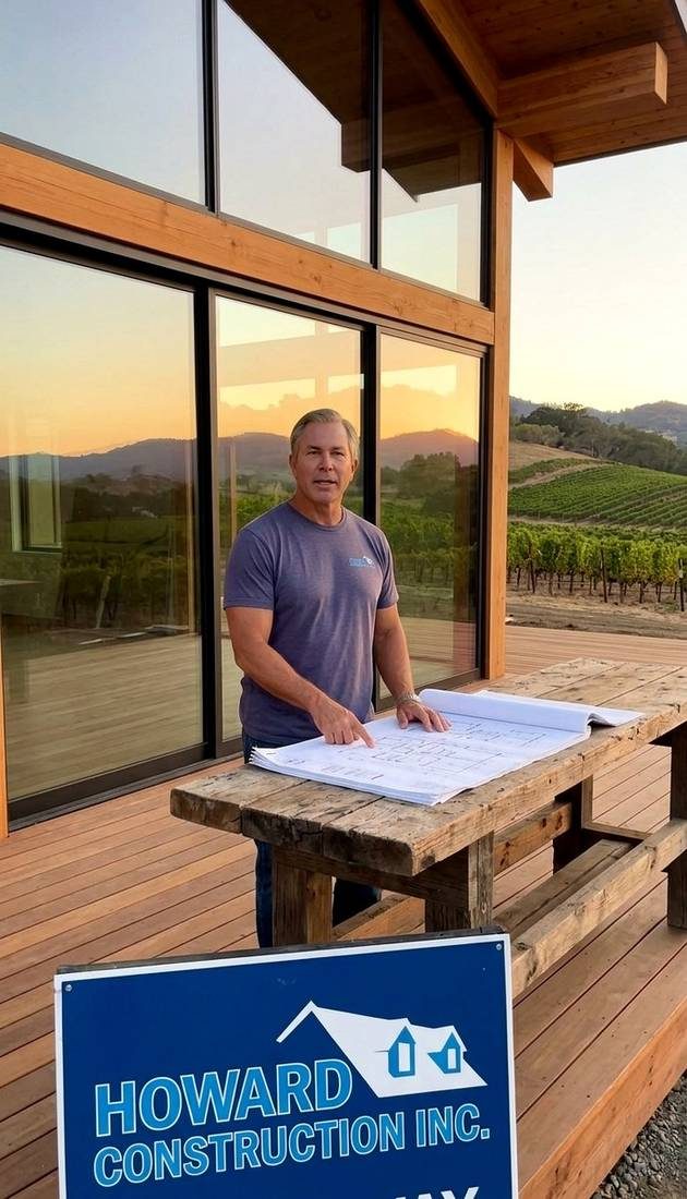 Philip Howard at Lindal cedar home with Howard Construction sign Napa Valley
