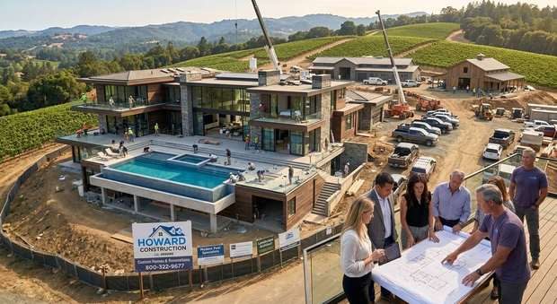 Completed custom home exterior with standing-seam roof and covered porch, built by Howard Construction in Sonoma County
